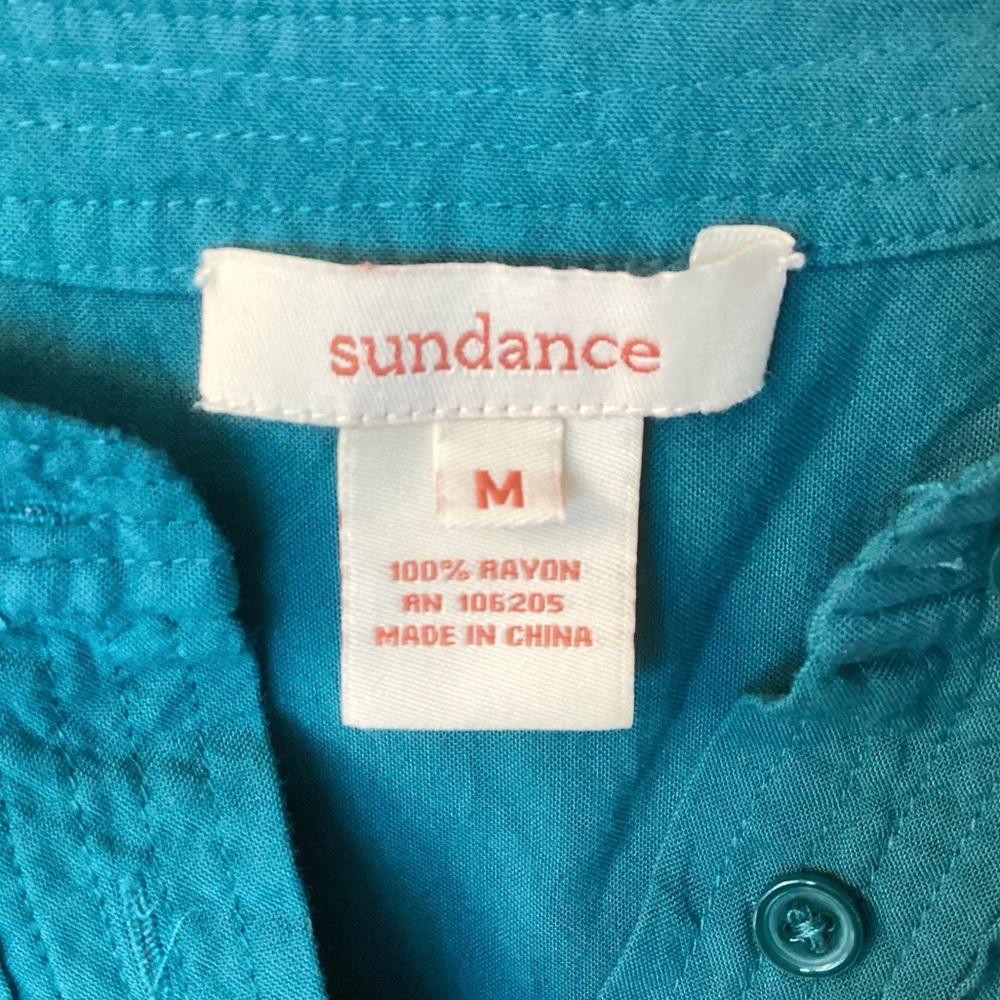 Sundance Long Sleeve Pintuck Crinkle Henley Blouse - Teal - M - Picture 6 of 7